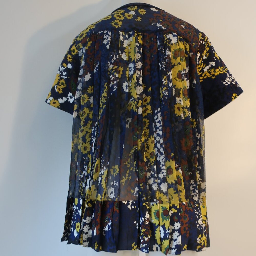 Women Sacai Blue Maoon Floral Corduroy Short Sleeve Pleated Top Blouse L - Picture 6 of 10
